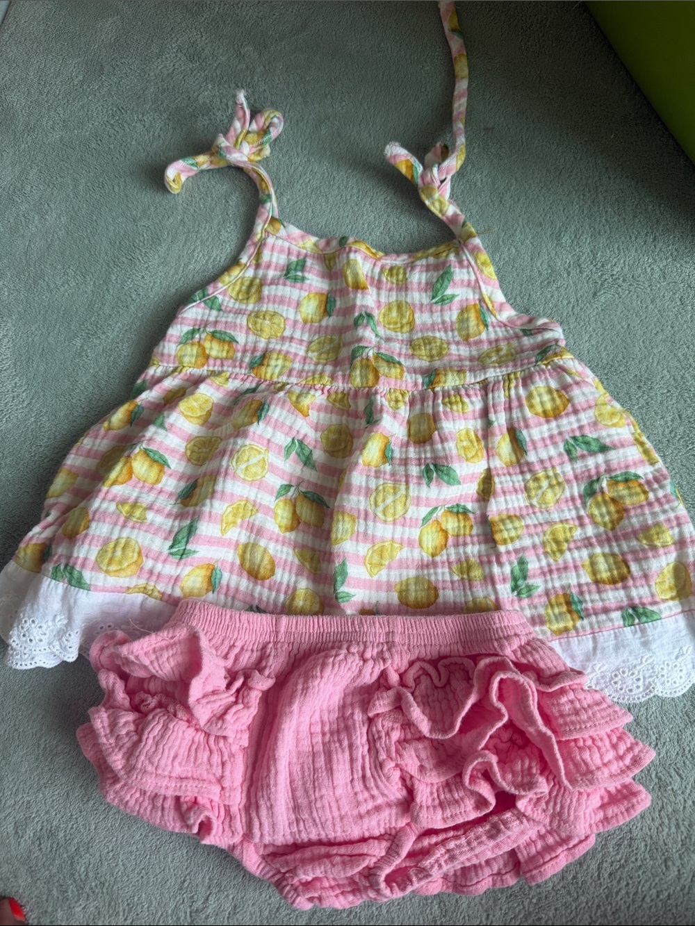 Pink Lemon Print Girls Matching Set with Ruffle Bloomers